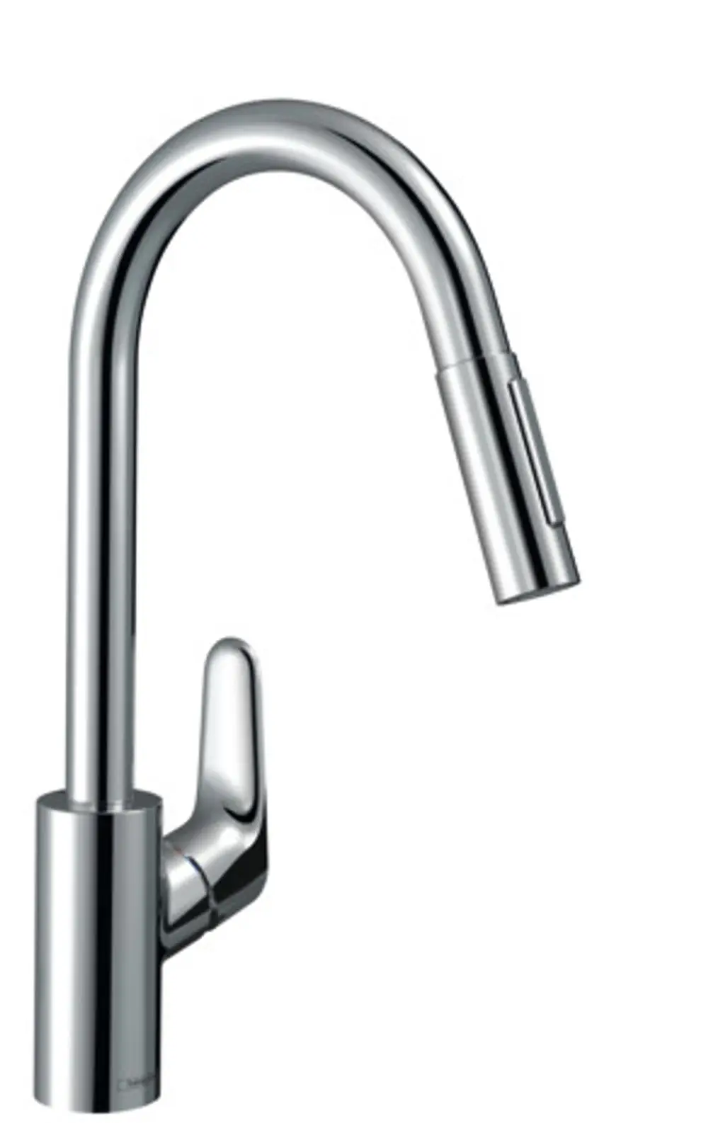 Chromfarbener Küchenmischer von Hansgrohe mit einer hohen, geschwungenen Auslauf- und herausziehbarer Brause für unterschiedliche Strahlarten.